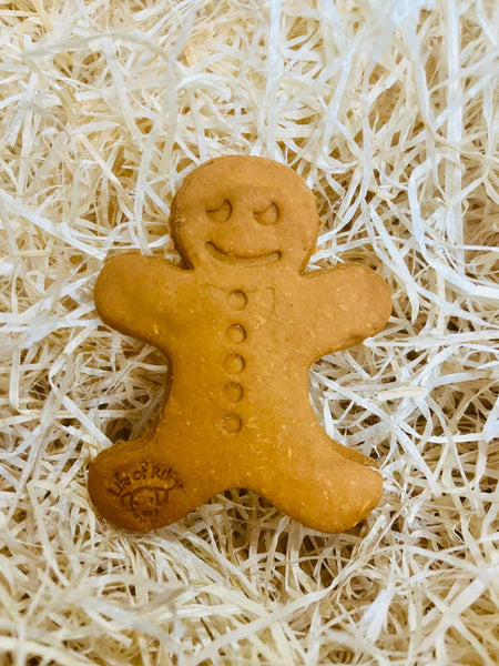 Hand-baked Gingerbread Men for dogs, made with grain-free peanut butter and ginger, perfect for a healthy treat.