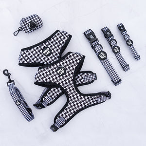 Wyld Cub black and white houndstooth pattern, comfortable, adjustable dog harness lead collar for puppy and dog breeds