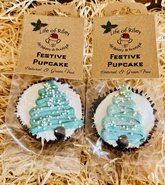 Festive Xmas Christmas Tree pupcake, grain-free, low fat, and topped with sugar-free meringue icing.

