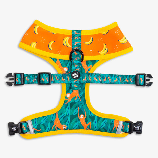 Wyld Cub green orange yellow colourful banana monkey botanical fun cool stylish comfortable quality reversible harness collar lead poo bag walk accessories set for top dog puppy breeds french bulldog frenchie bulldog cavapoo cockerpoo spaniel king Charles spaniel shihpoo labrador terrier chihuahua