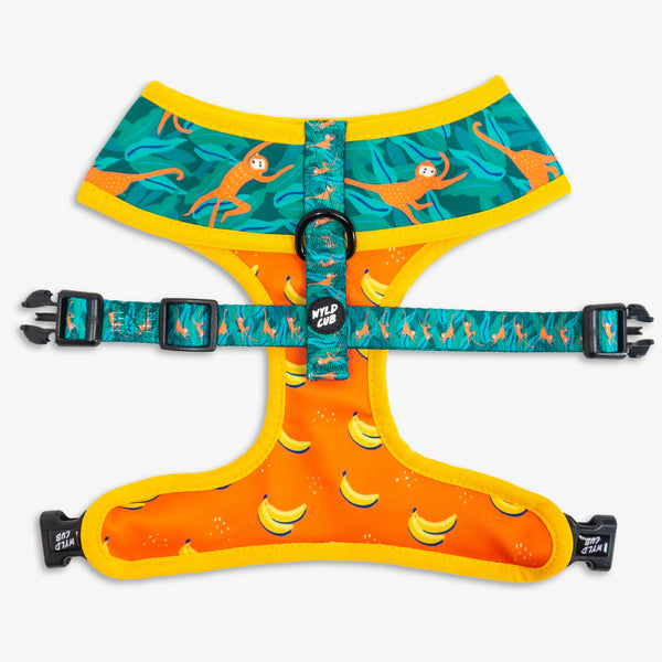 Wyld Cub green orange yellow colourful banana monkey botanical fun cool stylish comfortable quality reversible harness collar lead poo bag walk accessories set for top dog puppy breeds french bulldog frenchie bulldog cavapoo cockerpoo spaniel king Charles spaniel shihpoo labrador terrier chihuahua