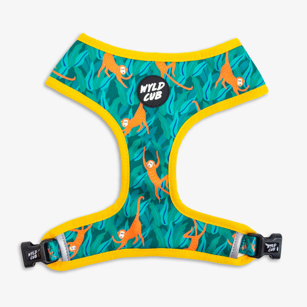 Wyld Cub green orange yellow colourful banana monkey botanical fun cool stylish comfortable quality reversible harness collar lead poo bag walk accessories set for top dog puppy breeds french bulldog frenchie bulldog cavapoo cockerpoo spaniel king Charles spaniel shihpoo labrador terrier chihuahua