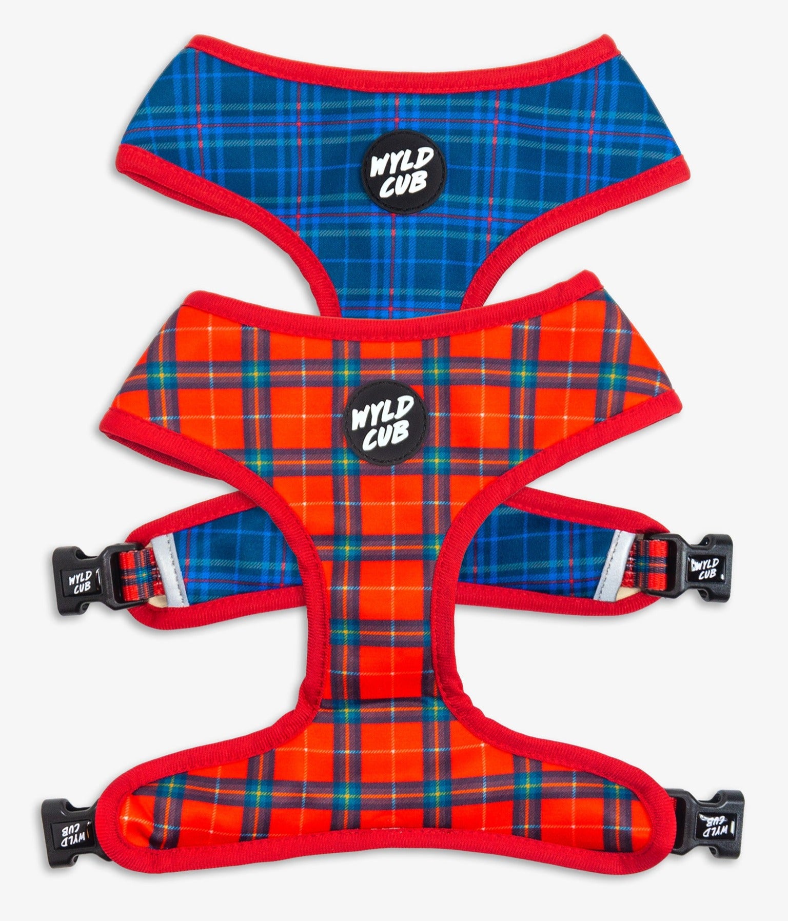 Wyld Cub red blue check tartan stylish comfortable luxury quality reversible harness collar lead poo bag walk accessories set for top dog puppy breeds french bulldog frenchie bulldog cavapoo cockerpoo spaniel king Charles spaniel shihpoo labrador terrier chihuahua