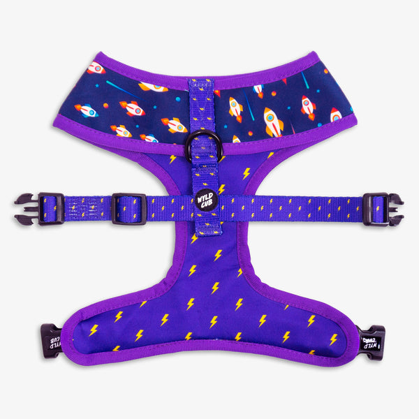 Wyld Cub purple blue lightening bolts rocket fun cool stylish quality reversible harness collar lead poo bag walk accessories set for top dog puppy breeds french bulldog frenchie bulldog cavapoo cockerpoo spaniel king Charles spaniel shihpoo labrador terrier chihuahua