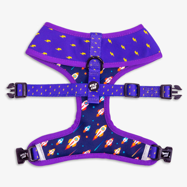 Wyld Cub purple blue lightening bolts rocket fun cool stylish quality reversible harness collar lead poo bag walk accessories set for top dog puppy breeds french bulldog frenchie bulldog cavapoo cockerpoo spaniel king Charles spaniel shihpoo labrador terrier chihuahua