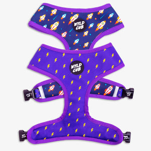 Wyld Cub purple blue lightening bolts rocket fun cool stylish quality reversible harness collar lead poo bag walk accessories set for top dog puppy breeds french bulldog frenchie bulldog cavapoo cockerpoo spaniel king Charles spaniel shihpoo labrador terrier chihuahua