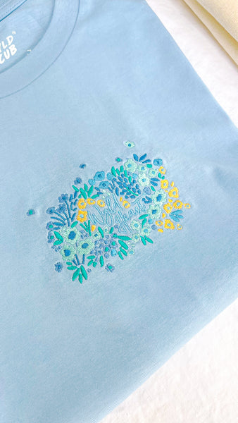 Organic Embroidered Wyld Heart T-Shirt: Sky