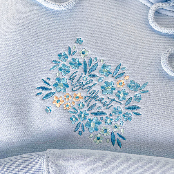 Organic Embroidered Wyld Heart Hoodie: Sky