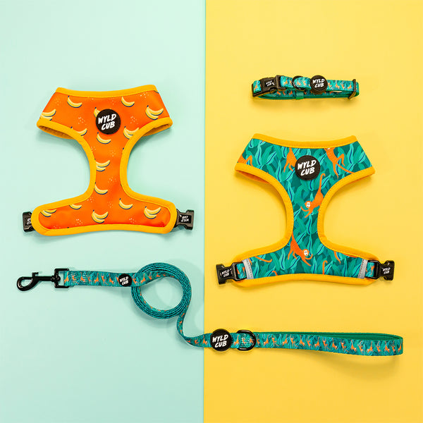 Wyld Cub green orange yellow colourful banana monkey botanical fun cool stylish comfortable quality reversible harness collar lead poo bag walk accessories set for top dog puppy breeds french bulldog frenchie bulldog cavapoo cockerpoo spaniel king Charles spaniel shihpoo labrador terrier chihuahua