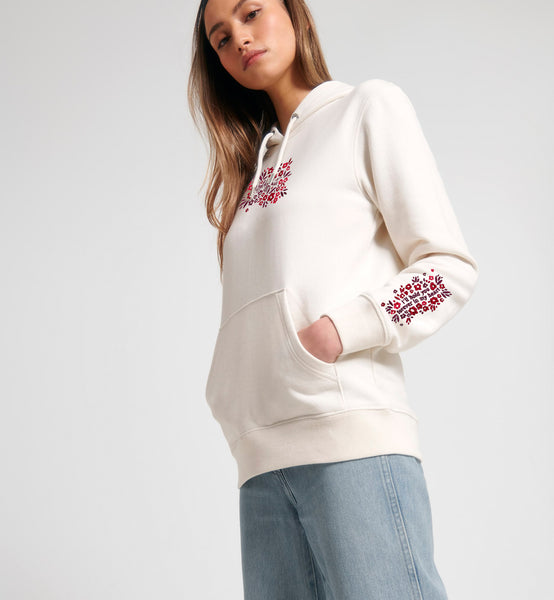 Organic Embroidered Wyld Heart Hoodie: Mulberry x Neutral